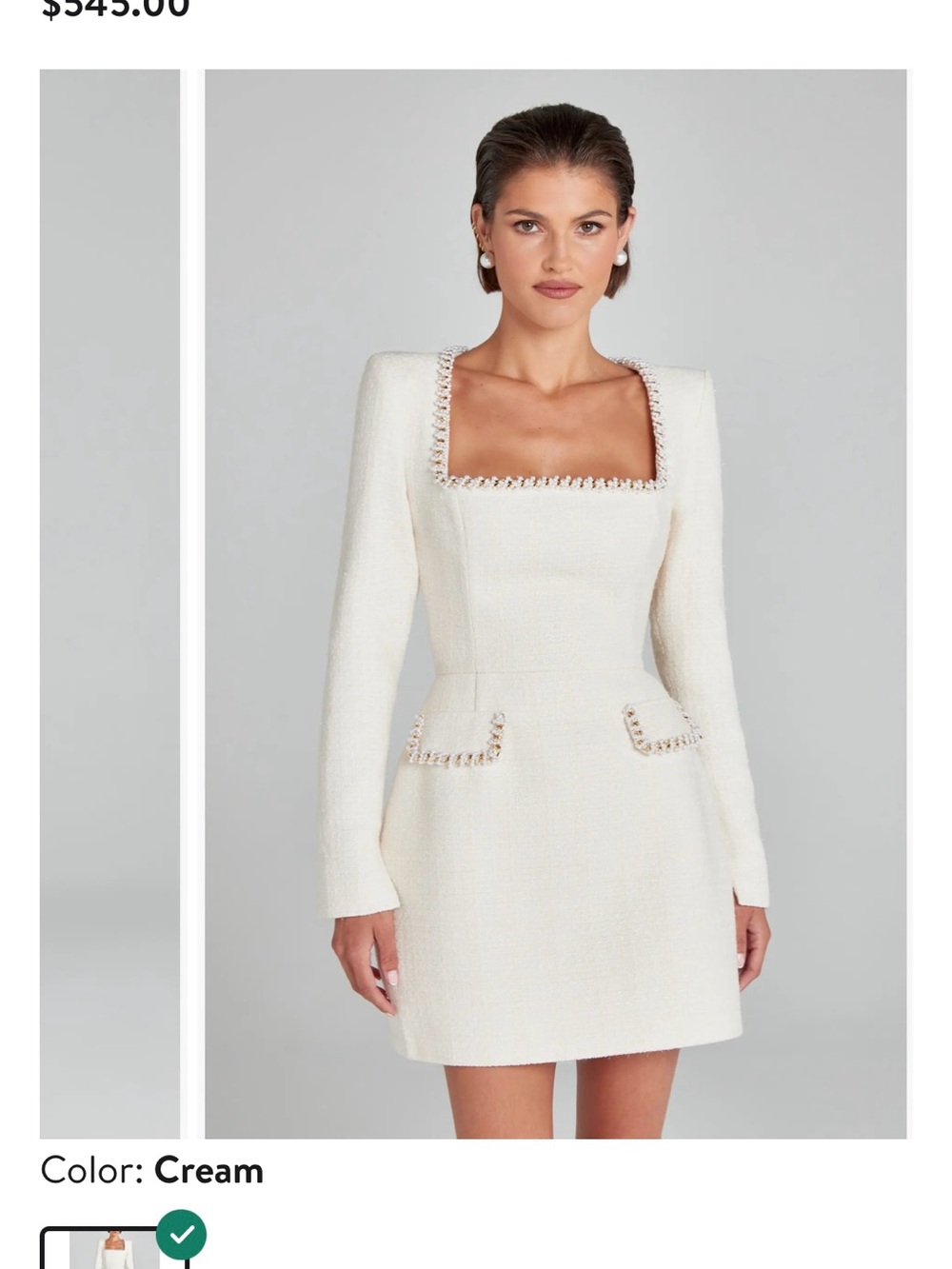 NADINE MERABI Cream Square-Neck Long-Sleeve Tweed Mini Dress with Trim